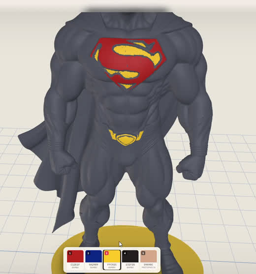 A model being colored region by region — the emblem is done, the rest still grey
